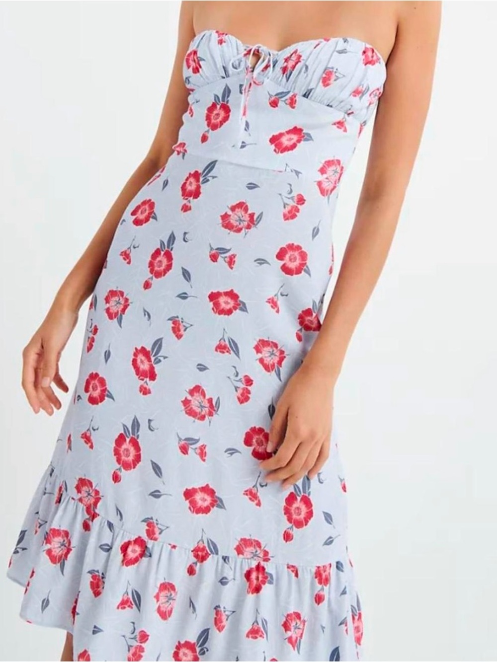 Sunday Best Strapless Floral Midi Dress in Light Blue and Red Floral - Picture 1 of 3